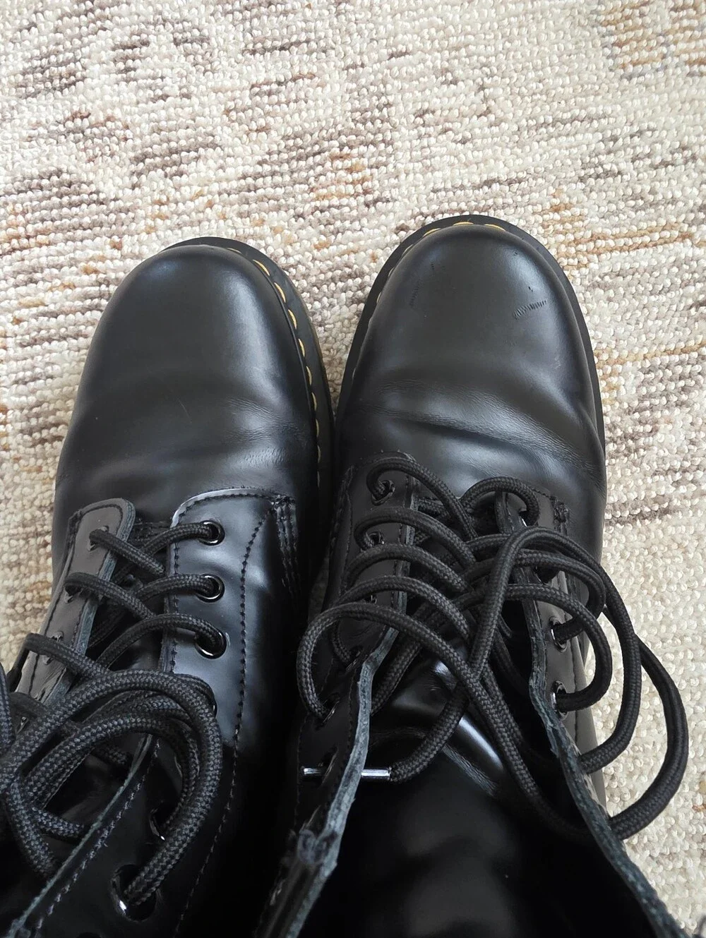 Dr. Martens Black Leather Lace-Up Boots with Yellow Stitching